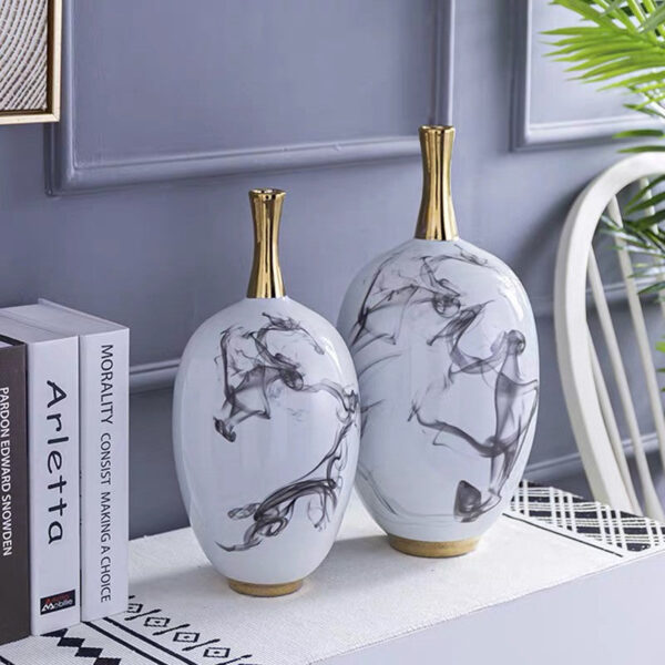 Luxury New Chinese Ink Painting General Jar Modern Creative White Porcelain Ceramic Vase for Home Decoration( Set Of 2)