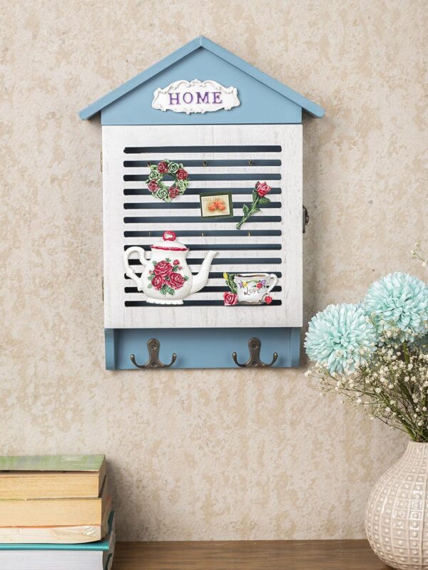 Blue & White Wood House Shaped Key Box Organiser